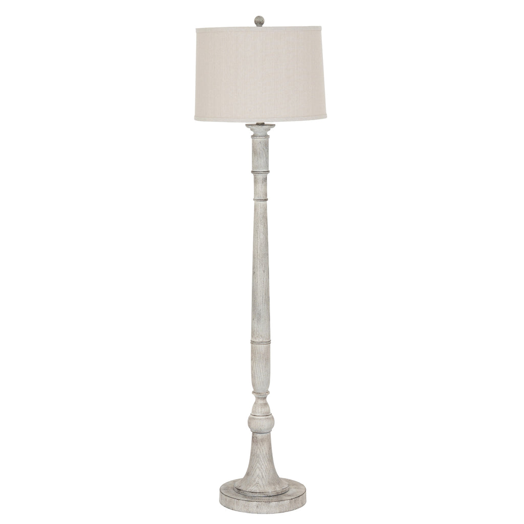 Full view of the pale grey-beige Collar Stem Floor Lamp with a tapered cream shade, ringed slender stem and circular stepped foot.