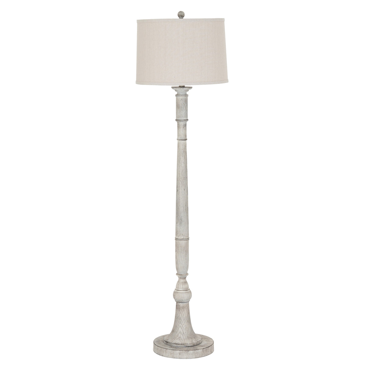 Full view of the pale grey-beige Collar Stem Floor Lamp with a tapered cream shade, ringed slender stem and circular stepped foot.