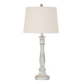 Collar Stem Table Lamp with a pale tapered drum shade, round finial and textured grey-beige column on a circular foot.