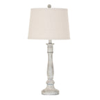 Collar Stem Table Lamp with a pale tapered drum shade, round finial and textured grey-beige column on a circular foot.