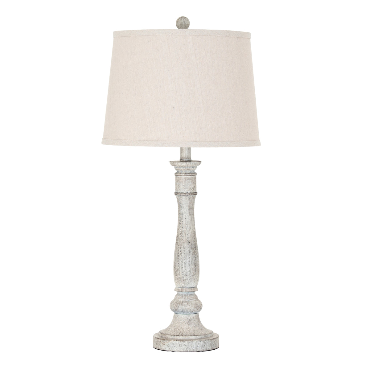Collar Stem Table Lamp with a pale tapered drum shade, round finial and textured grey-beige column on a circular foot.