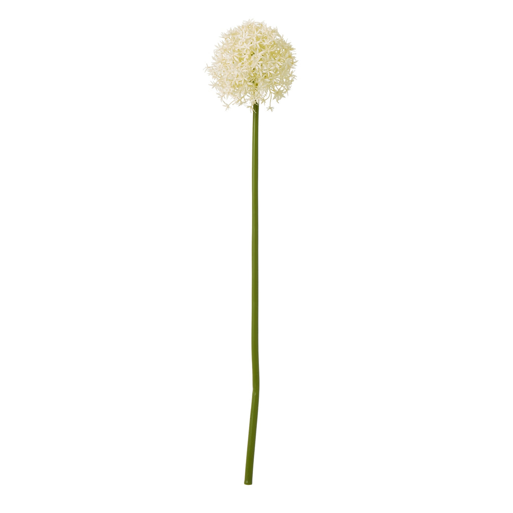 Cream globe-shaped artificial flower head on a long green stem against a white background.