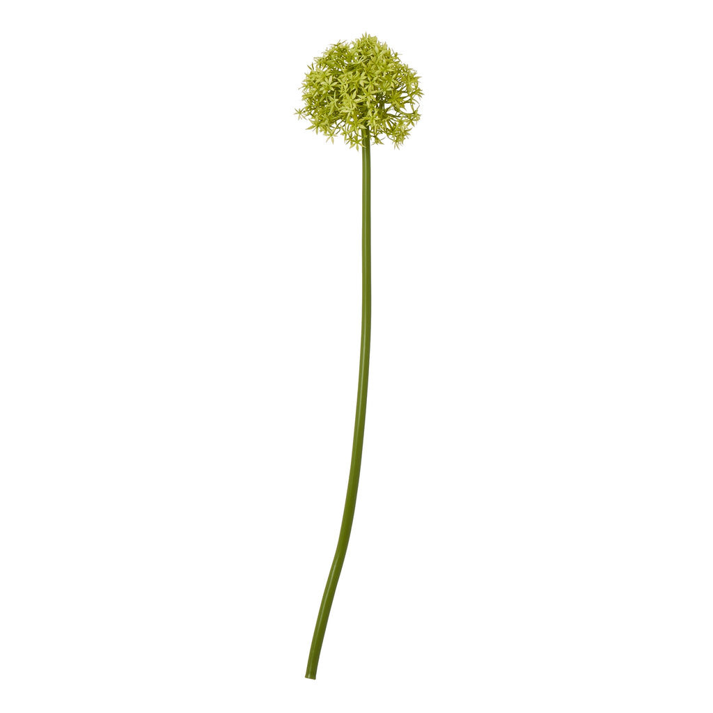 Green artificial flower stem with a spherical floret head and a long curved stem against a white background.