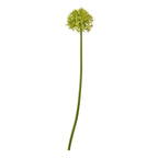 Green artificial flower stem with a spherical floret head and a long curved stem against a white background.