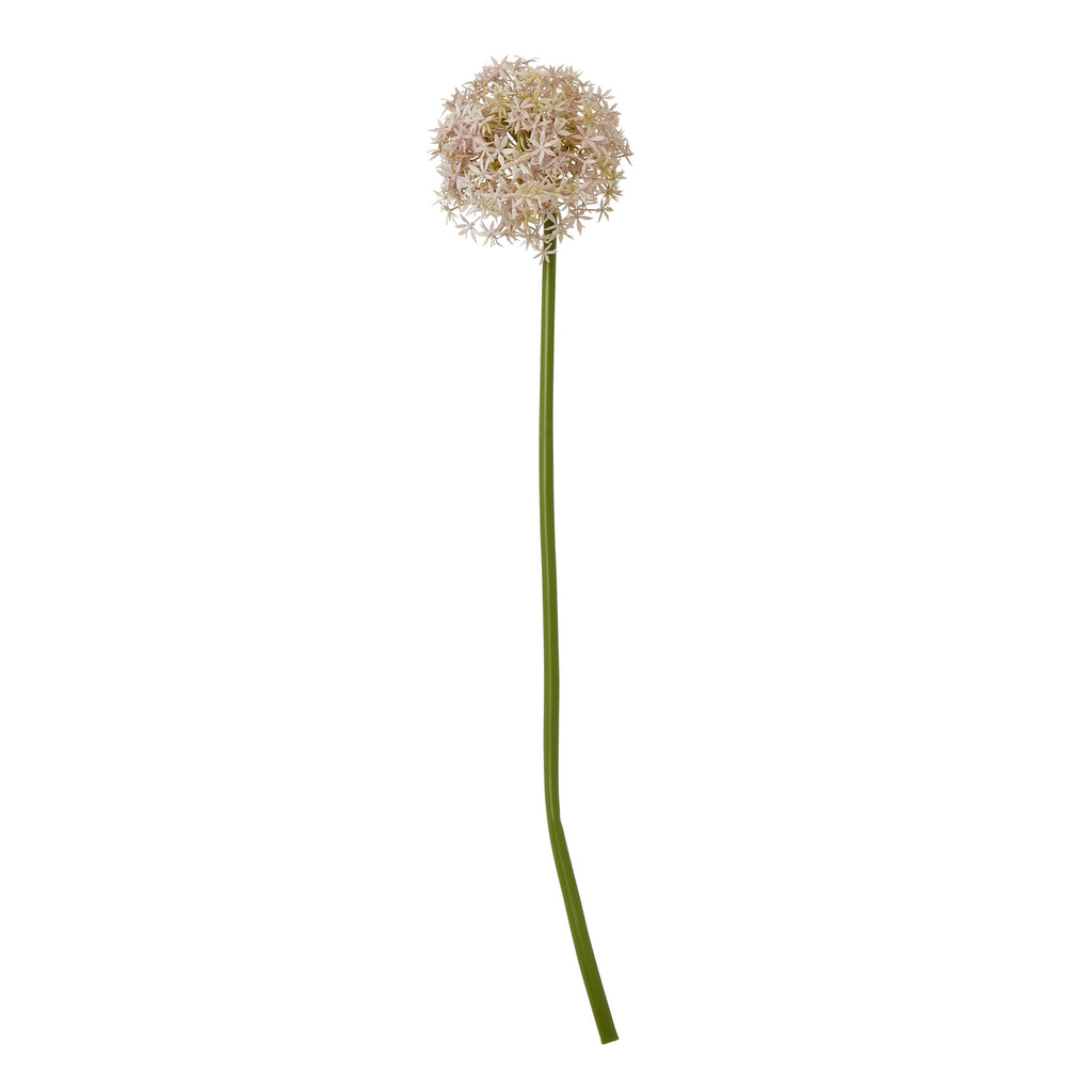 Pale lilac artificial starfloret globe flower on a long, slightly curved green stem against white.