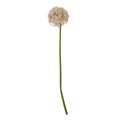 Pale lilac artificial starfloret globe flower on a long, slightly curved green stem against white.