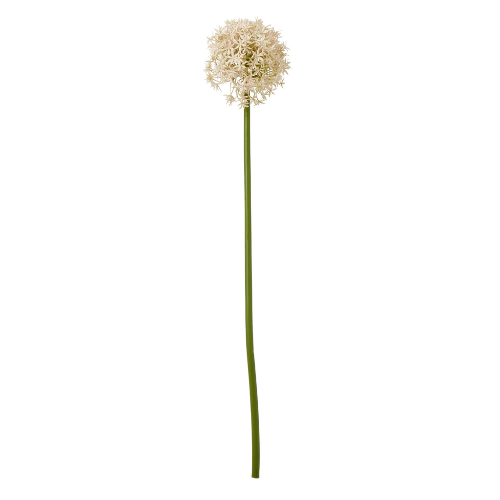 Full view of a pale pink artificial globe flower head on a long green stem against white.