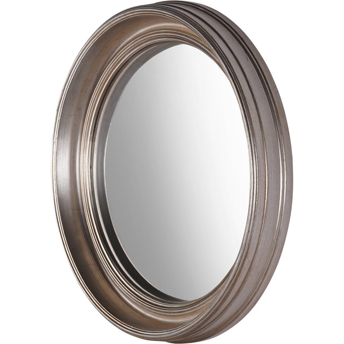 Angled view of the circular mirror showing the depth of its layered silver frame and curved glass.