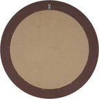 Rear view of the round mirror with a brown outer frame, circular backing panel and metal hanging fitting at the top.