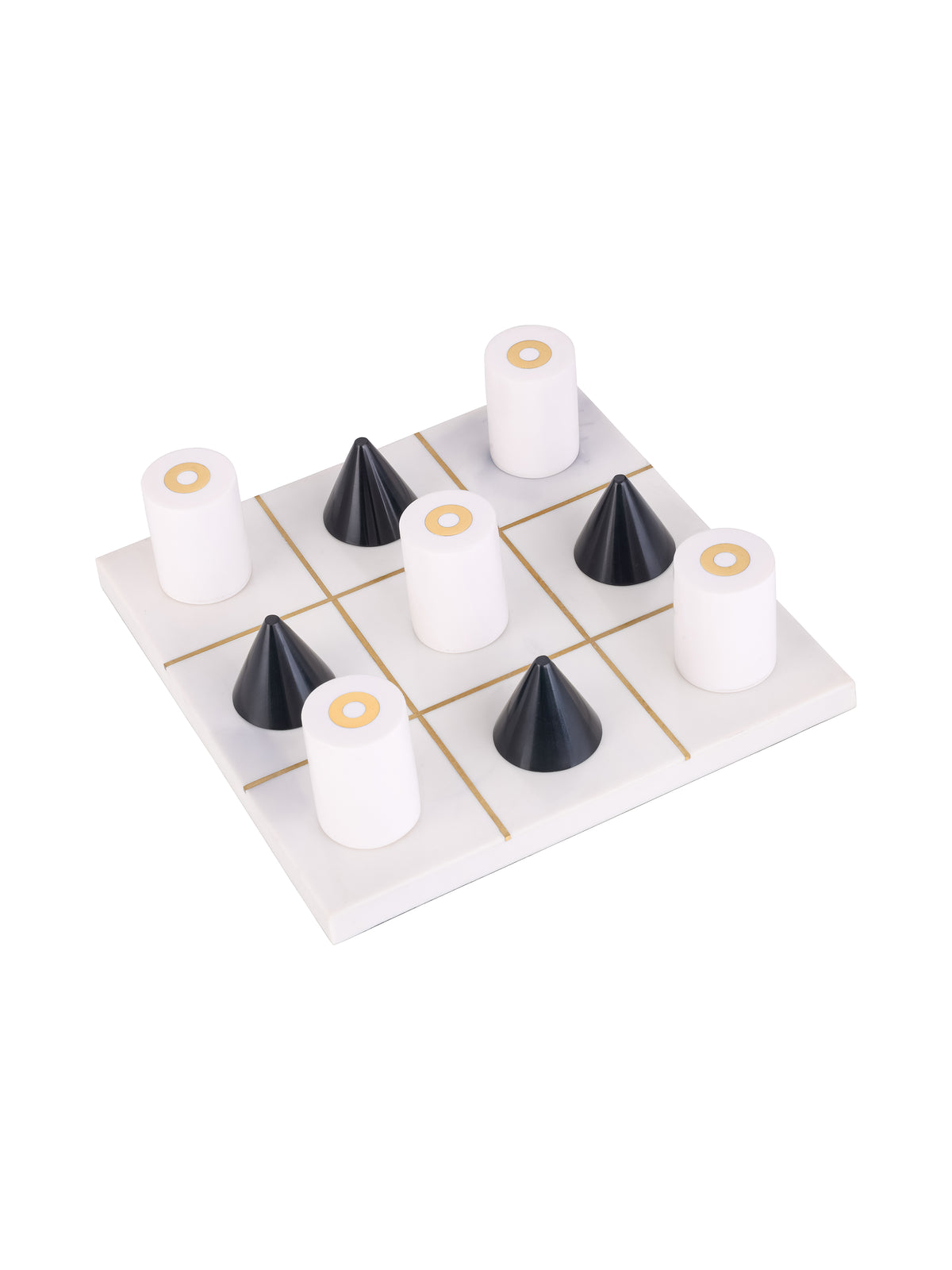 Angled view of a square white resin noughts-and-crosses board with a brass-tone grid, black conical pieces and white cylindrical pieces against a white background.