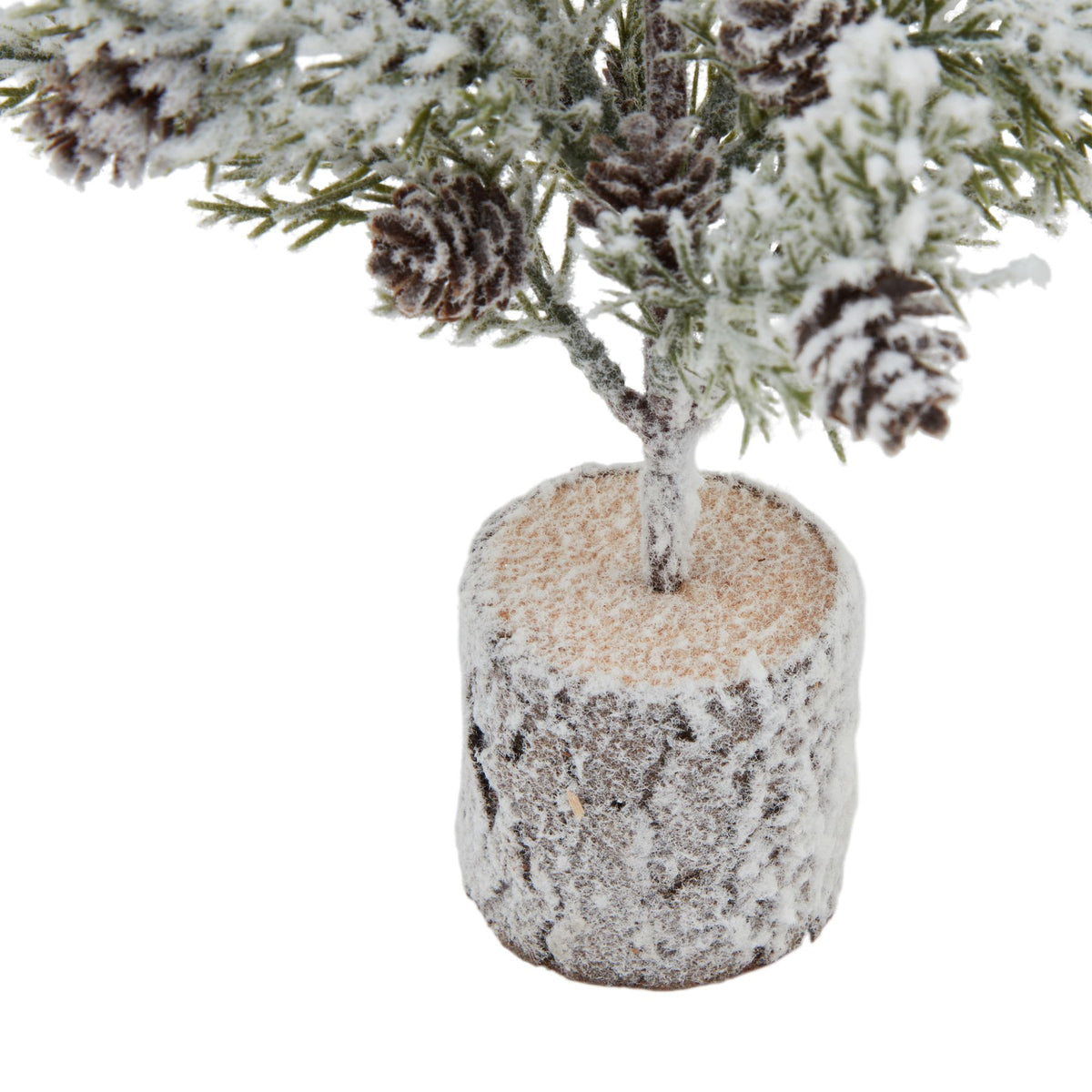 Detail of the snow-coated trunk and round log-style base, with pale colouring on top and dark bark texture around the sides.