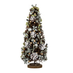 Full view of a tapered dark twig decorative tree with frosted pinecones, green-grey sprigs and silver-toned spheres on a layered brown base.