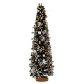 Full view of a tapered dark twig decorative tree with frosted pinecones, pale green-grey sprigs and silver-toned spheres on a layered round brown base.