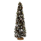 Full view of a tapered dark twig decorative tree with frosted pinecones, pale green-grey sprigs and silver-toned spheres on a layered round brown base.