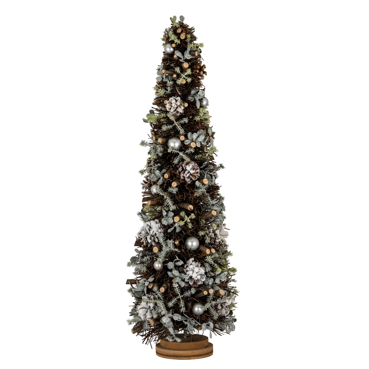 Full view of a tapered dark twig decorative tree with frosted pinecones, pale green-grey sprigs and silver-toned spheres on a layered round brown base.
