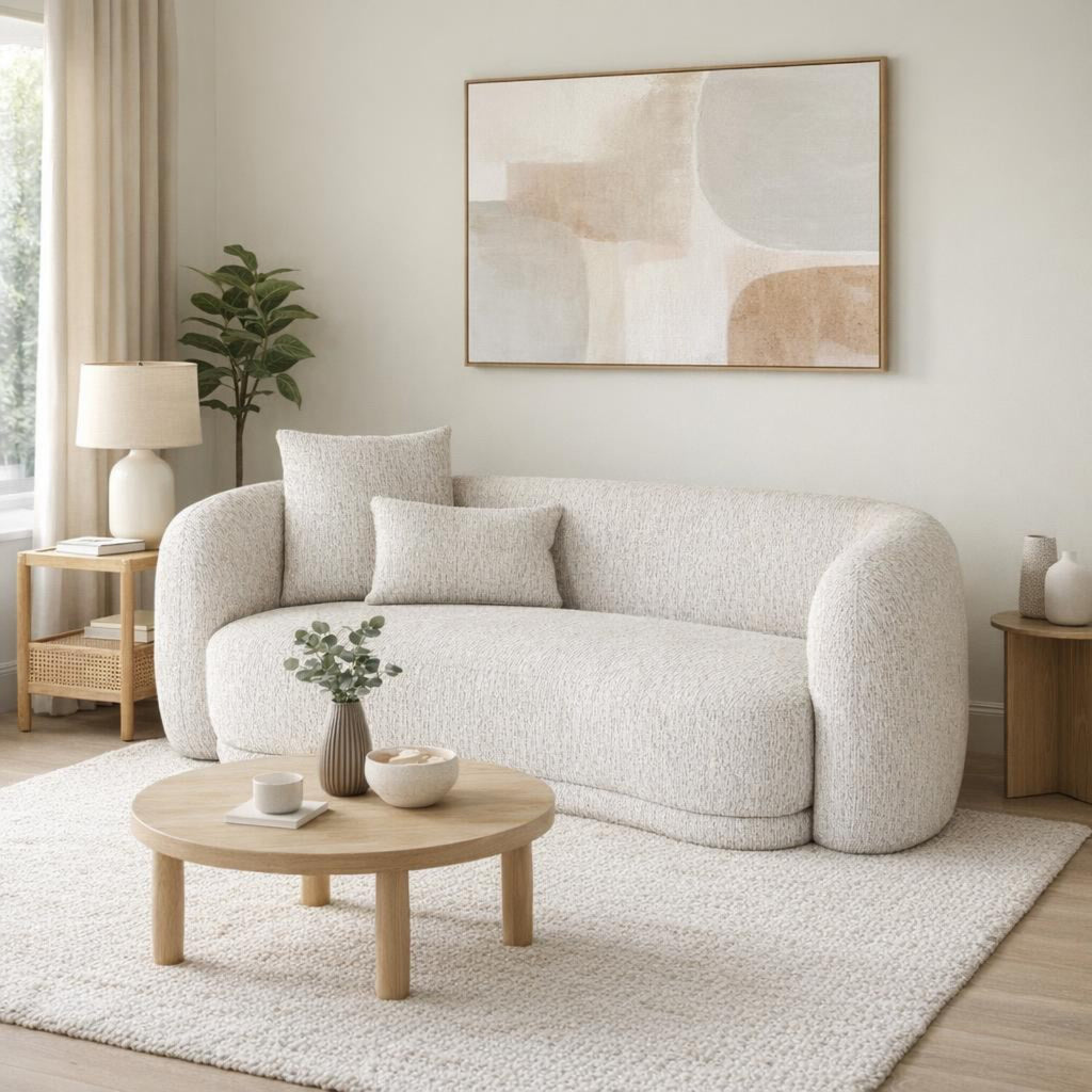 Pale cream curved sofa styled with two cushions beneath neutral abstract artwork, facing a round coffee table on a cream rug.