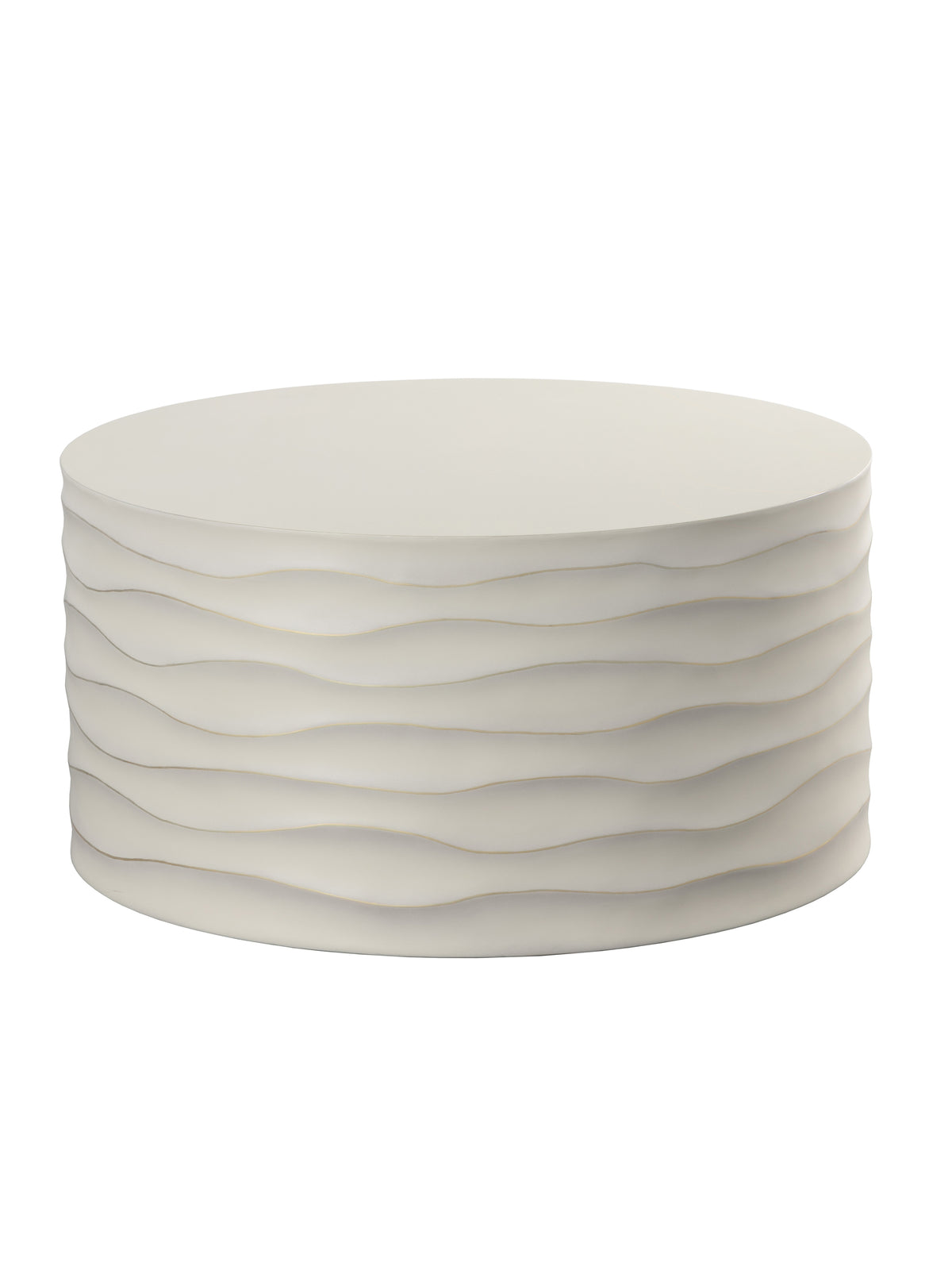 Round cream coffee table viewed from slightly above, with a plain circular top and wavy horizontal ridges edged in brass colour, on a white background.