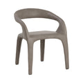Front three-quarter view of the taupe Contour Dining Armchair, showing curved arms, an open back and four upholstered legs.