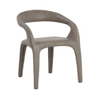 Front three-quarter view of the taupe Contour Dining Armchair, showing curved arms, an open back and four upholstered legs.