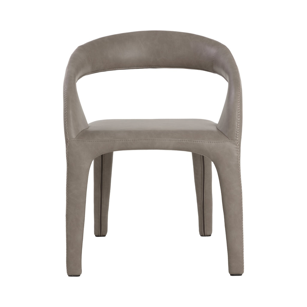 Straight-on front view of the taupe dining armchair with a rounded back, broad opening above the seat and stitching along the outer edges.