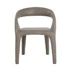 Straight-on front view of the taupe dining armchair with a rounded back, broad opening above the seat and stitching along the outer edges.
