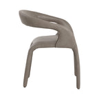 Side view of the taupe Contour Dining Armchair, showing the sweeping arm profile, open space above the seat and upholstered legs.