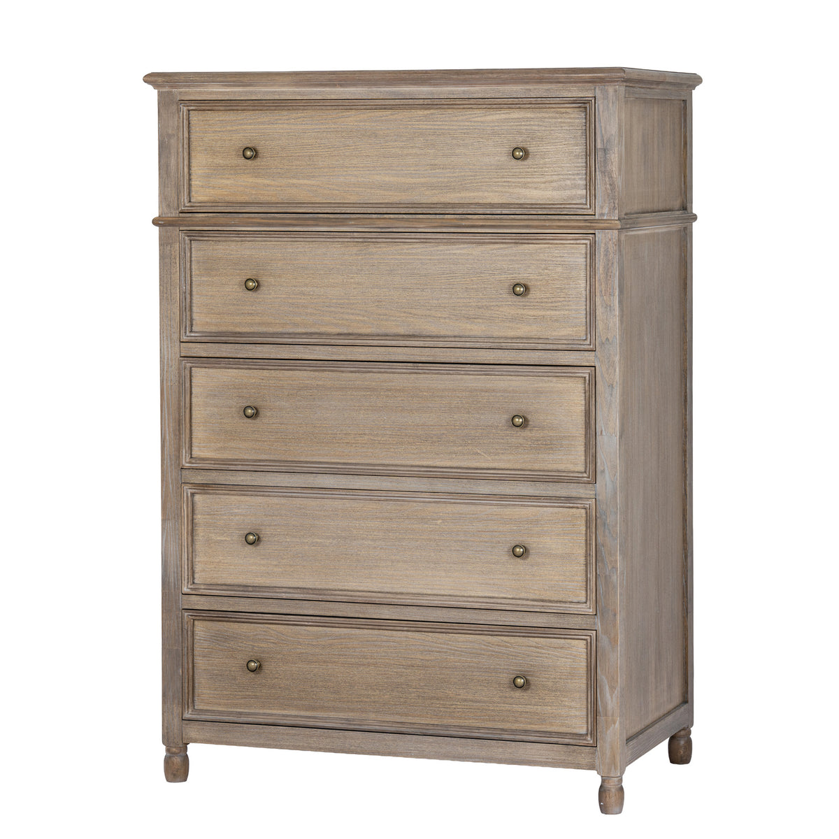 Three-quarter view of a tall tan-grey chest with five framed drawer fronts, paired brass-coloured knobs and short rounded feet.