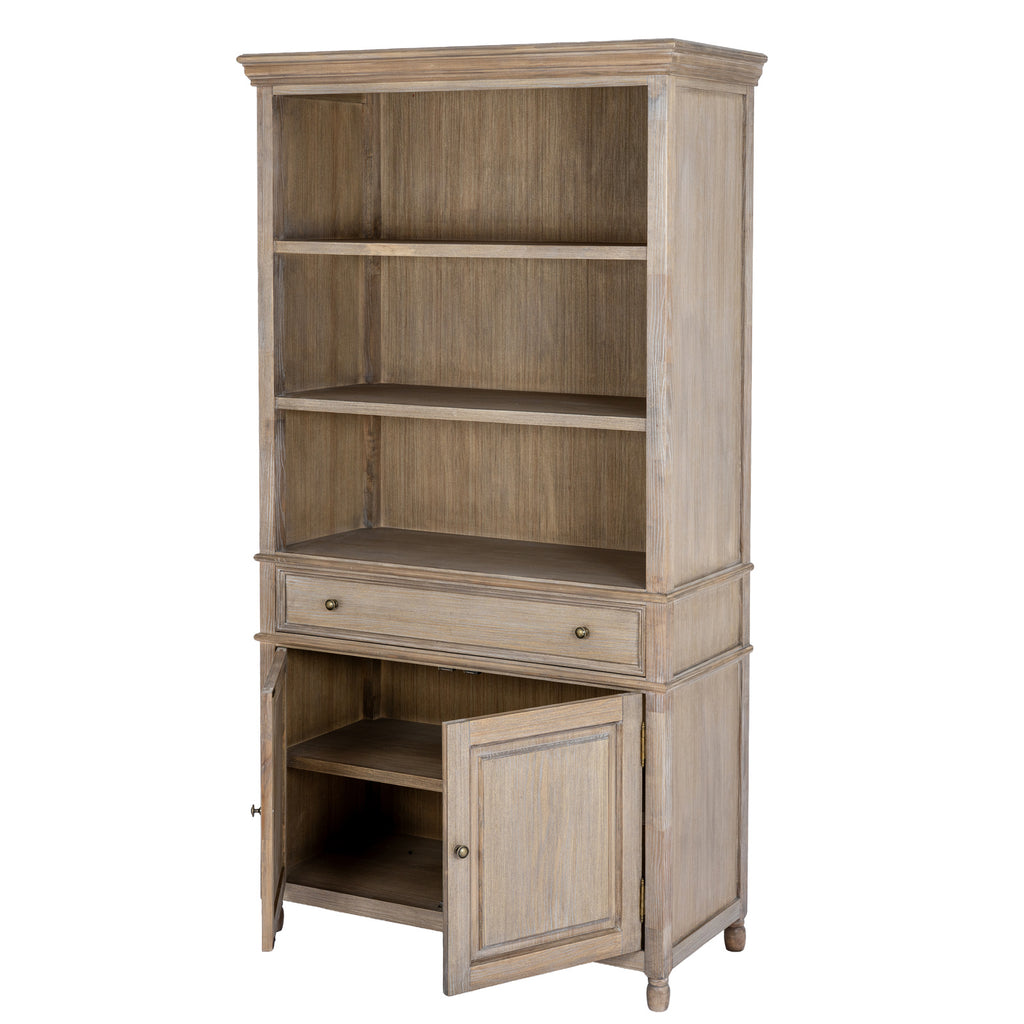 Tan-grey dresser with both lower panelled doors open, revealing an internal shelf beneath the closed drawer.
