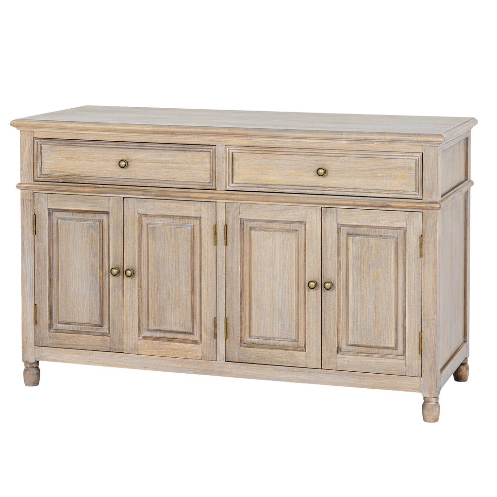 Three-quarter view of the tan-grey Contour Panel Sideboard with two drawers, four panelled doors and rounded brass-coloured knobs.