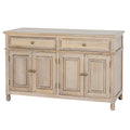 Three-quarter view of the tan-grey Contour Panel Sideboard with two drawers, four panelled doors and rounded brass-coloured knobs.