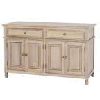Three-quarter view of the tan-grey Contour Panel Sideboard with two drawers, four panelled doors and rounded brass-coloured knobs.