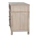Side view of the Contour Panel Sideboard showing framed tan-grey panels, the projecting top and ledge, and two short rounded feet.