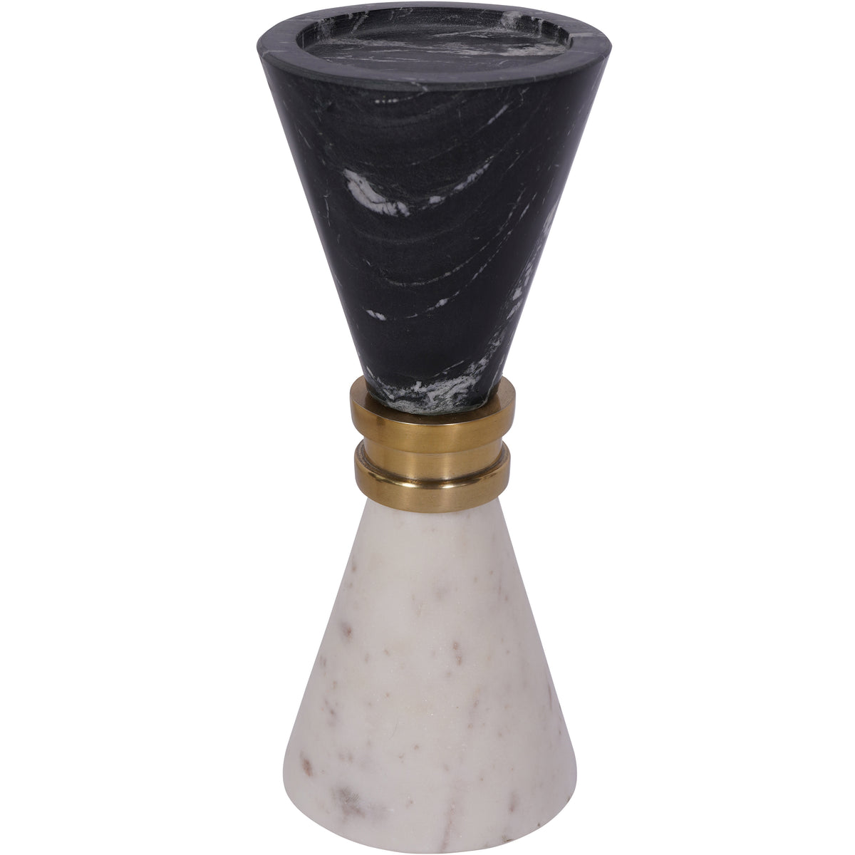 Black and white marble hourglass candle holder with a gold-toned stepped collar, shown in full against white.