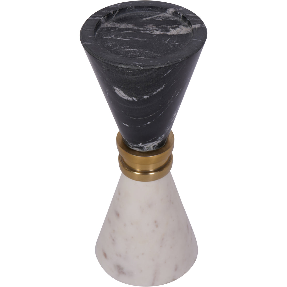 Elevated view of the marble candle holder showing its shallow round recess, veined black top and pale flared base.