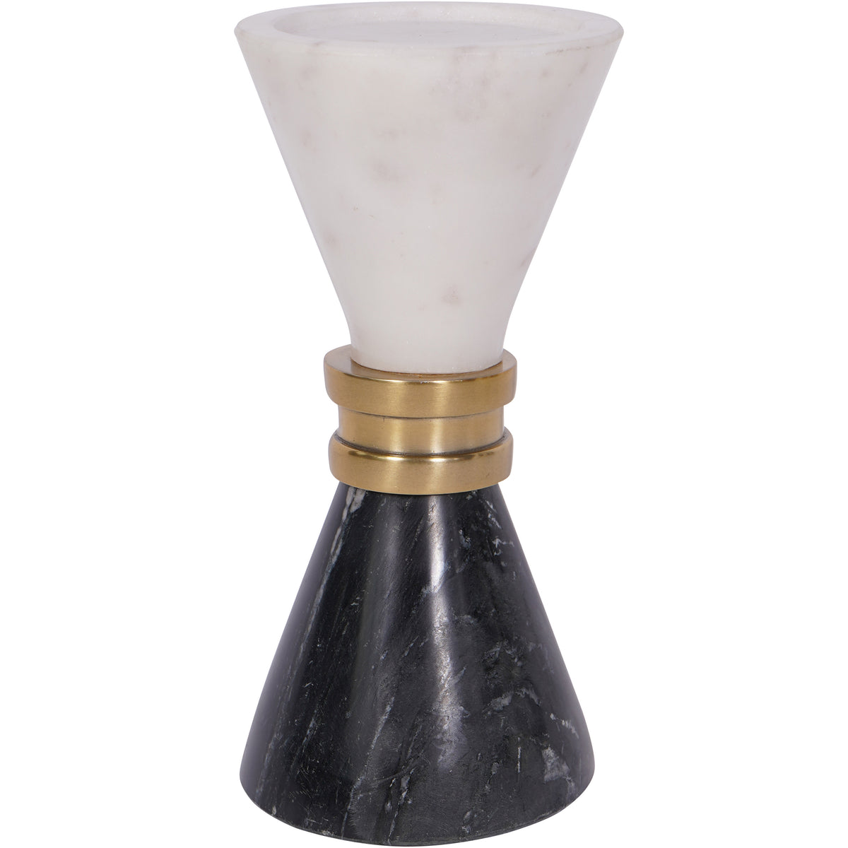 Candle holder with a flared white marble cup, black conical base and two gold-toned rings at the waist.