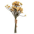 Full view of the cream artificial daisy bunch, with yellow centres, branching olive-grey stems and cord wrapped around the gathered base.