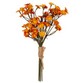 Full view of an artificial orange-red flower bunch with yellow centres, branching grey-olive stems and a cord-bound base against white.
