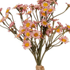 Close-up of pale pink and cream daisy heads with textured yellow centres among branching olive-grey stems, with part of the tan cord wrapping visible at the bottom.