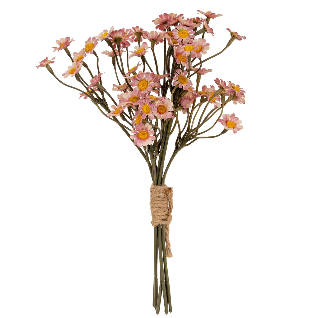 Full view of a pink and cream artificial daisy bunch with yellow centres, branching olive-grey stems and tan cord wrapped around the lower stems.