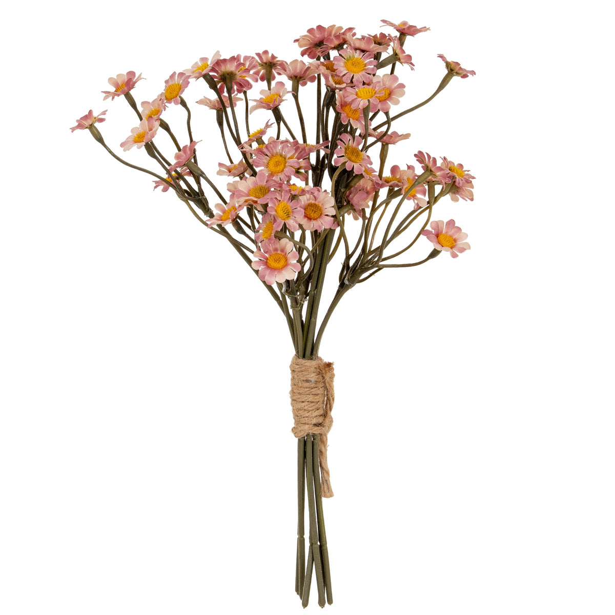 Full view of a pink and cream artificial daisy bunch with yellow centres, branching olive-grey stems and tan cord wrapped around the lower stems.