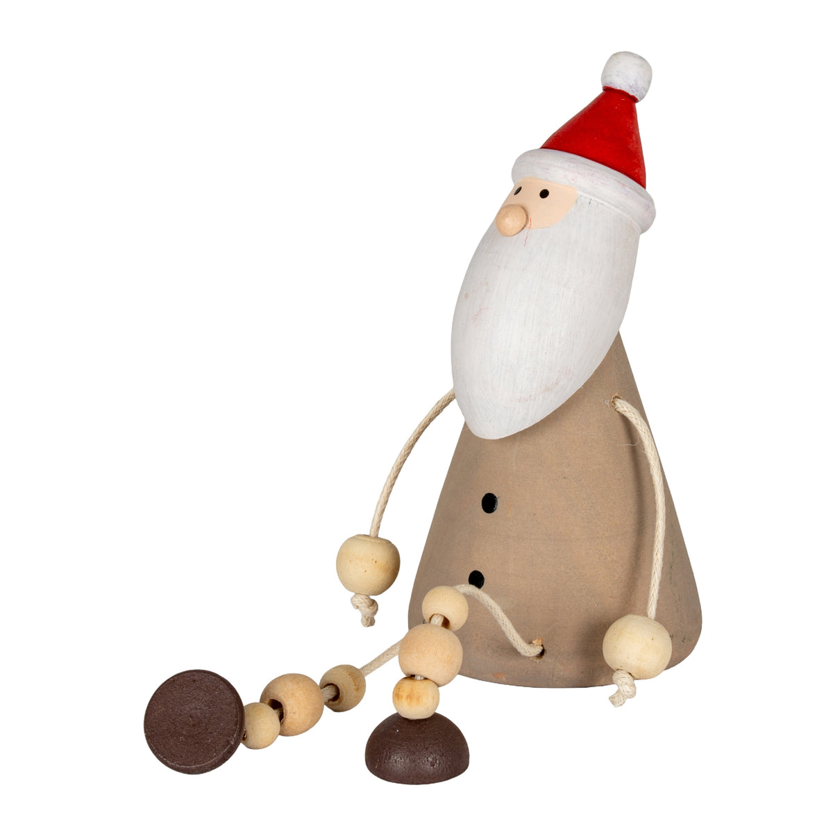 Angled view of the seated Santa figure showing pale beads along the cord legs, round bead hands and two black dots on the brown body.