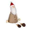 Seated Santa decoration with a red hat, long white beard, brown tapered body and cord legs stretched forward to dark-brown feet.