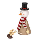 Angled view of the snowman showing its projecting orange nose, brown tapered body, bead legs and dark round feet.