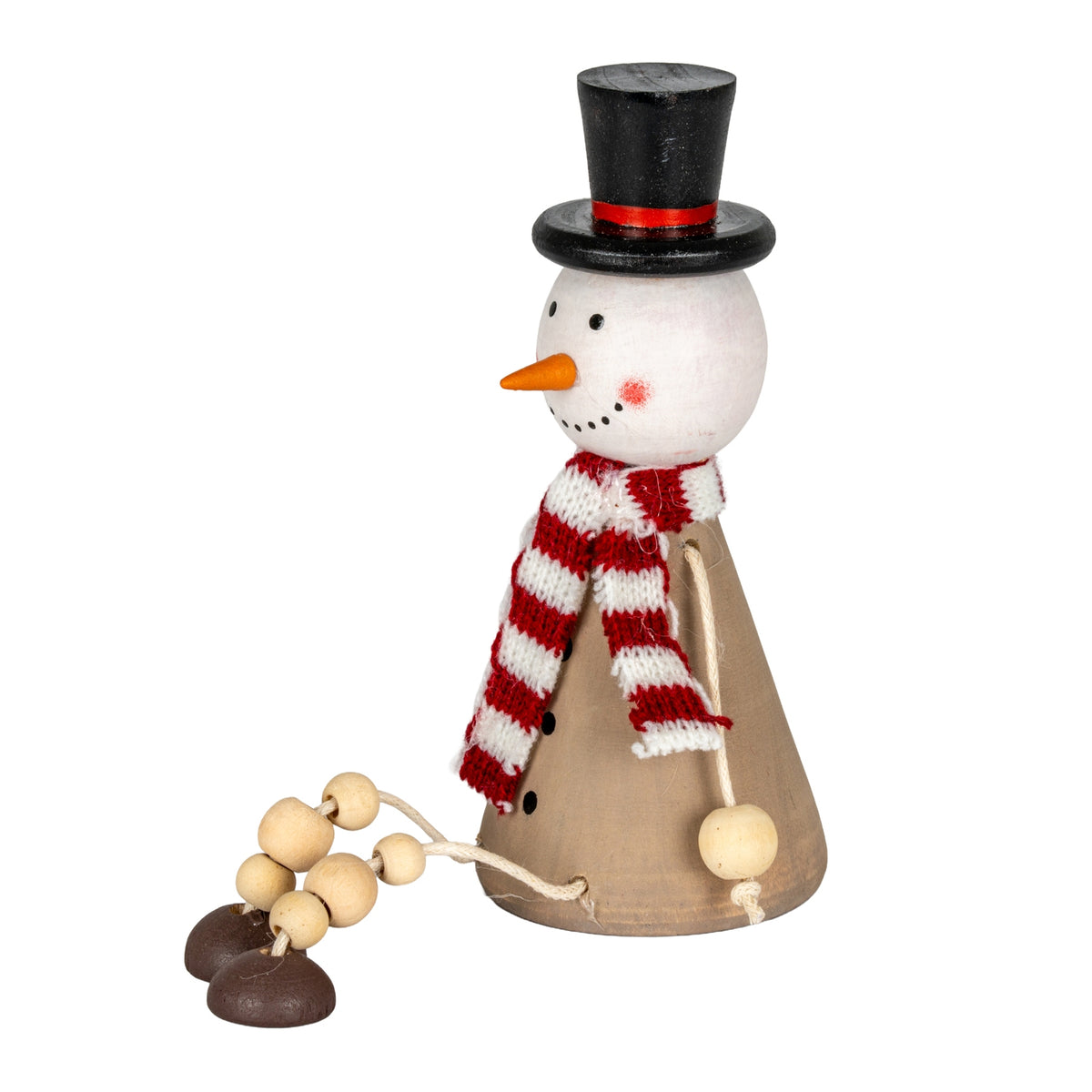 Angled view of the snowman showing its projecting orange nose, brown tapered body, bead legs and dark round feet.