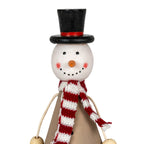 Close-up of the snowman's white face with rosy cheeks and dotted smile, beneath a black top hat with a red band.