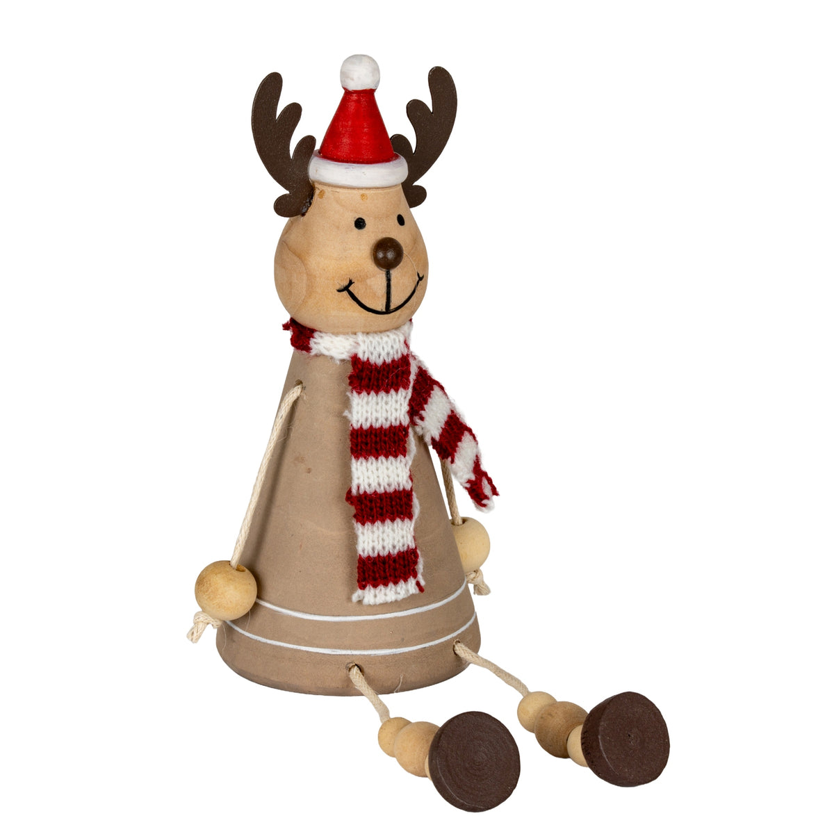 Seated reindeer decoration with a red hat, striped scarf and cord legs extending forwards to dark-brown feet.