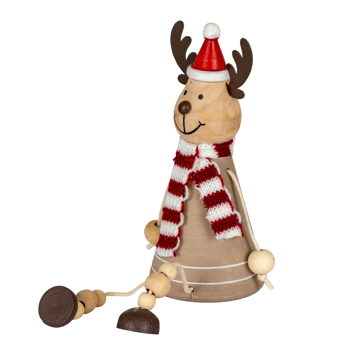 Angled view of the reindeer decoration showing its tapered brown body, round hands and beaded-looking legs with dark feet.