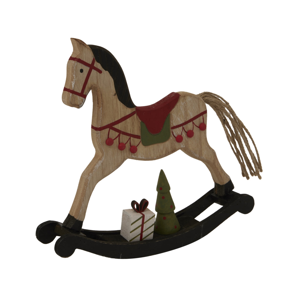 Angled view of the rocking-horse decoration showing its dark paired rockers, textured cord tail and red and green detailing, with a green tree and striped present between the rockers.
