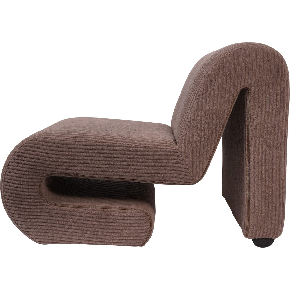 Side view of the corduroy chair showing the S-shaped profile and opening beneath the curled seat.
