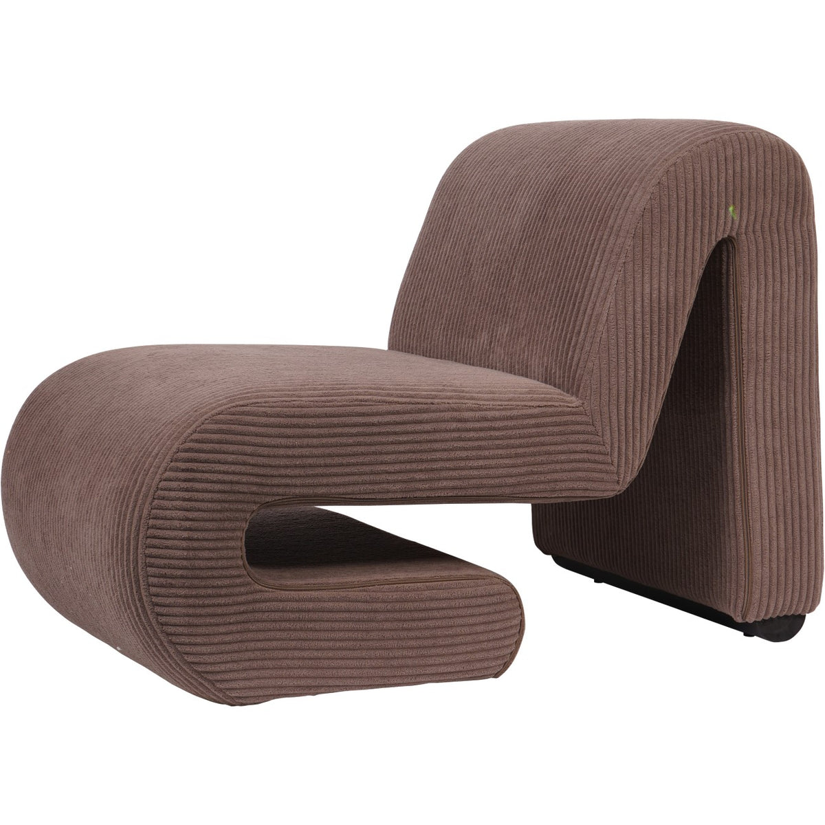 Three-quarter view of the brown corduroy lounge chair showing its curved seat, open front loop and broad rear support.